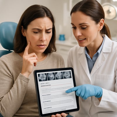 A dental patient sits comfortably in a welllit examination room flipping through their medical chart that is displayed on a digital tablet The dental professional wearing a white coat and gloves stands beside the patient pointing to specific sections-1